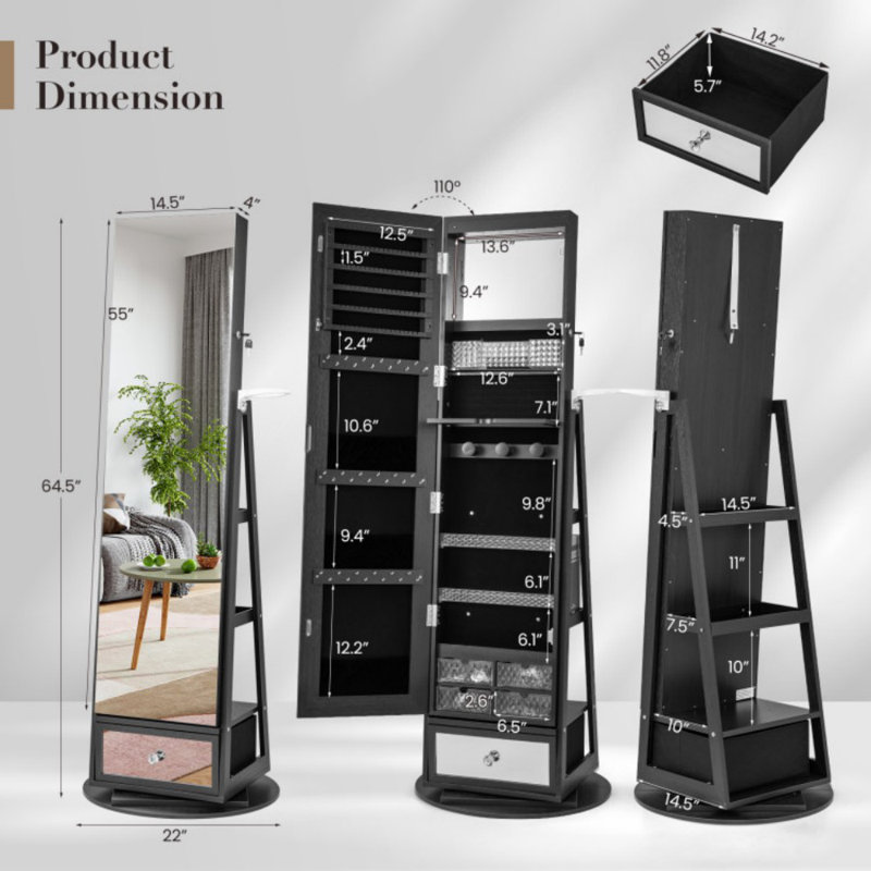 Armoire à bijoux verrouillable pivotante à 360 ° avec miroir DEL pleine longueur