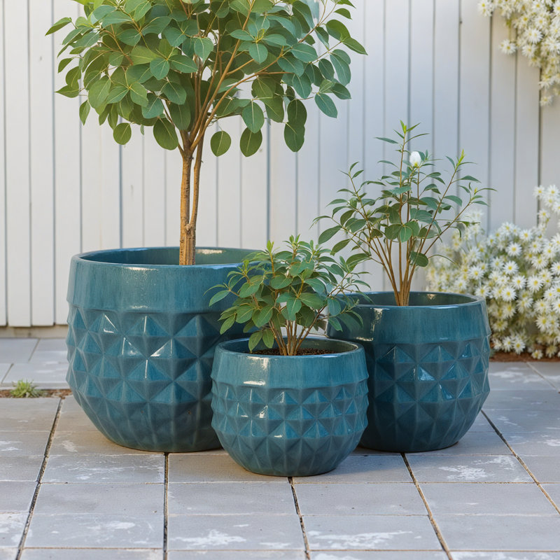 Ensemble de 3 pots à fleurs d'intérieur / extérieur en céramique avec trou de drainage