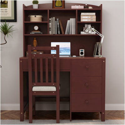 Ensemble de bureau de direction et chaise rembourrée 40 "avec bibliothèque, bureau d'ordinateur à quatre tiroirs, tablette de rangement et chaise Vintage, idéal pour le bureau ou le bureau dans la chambre ou le salon, espresso
