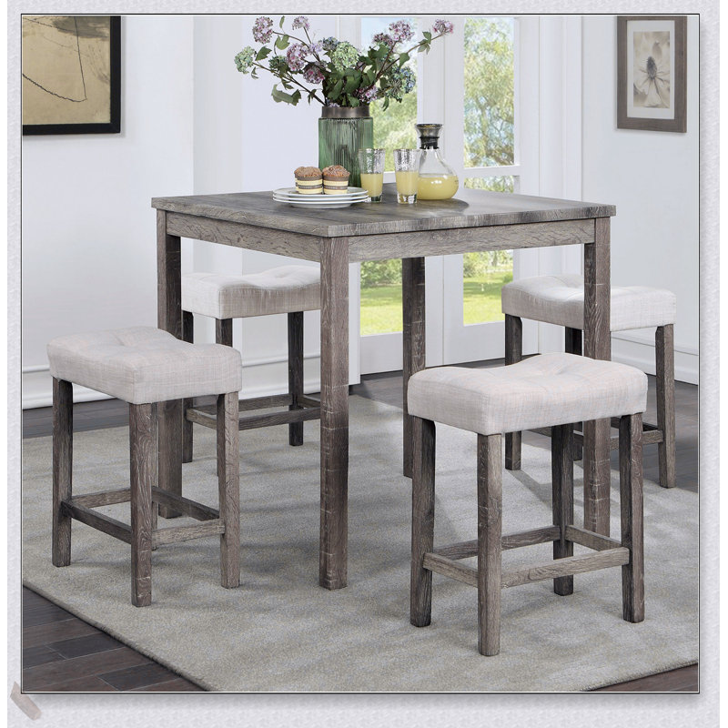 Ensemble de salle à manger à hauteur de comptoir transitionnel 5 pièces avec table grise et tabourets rembourrés beiges