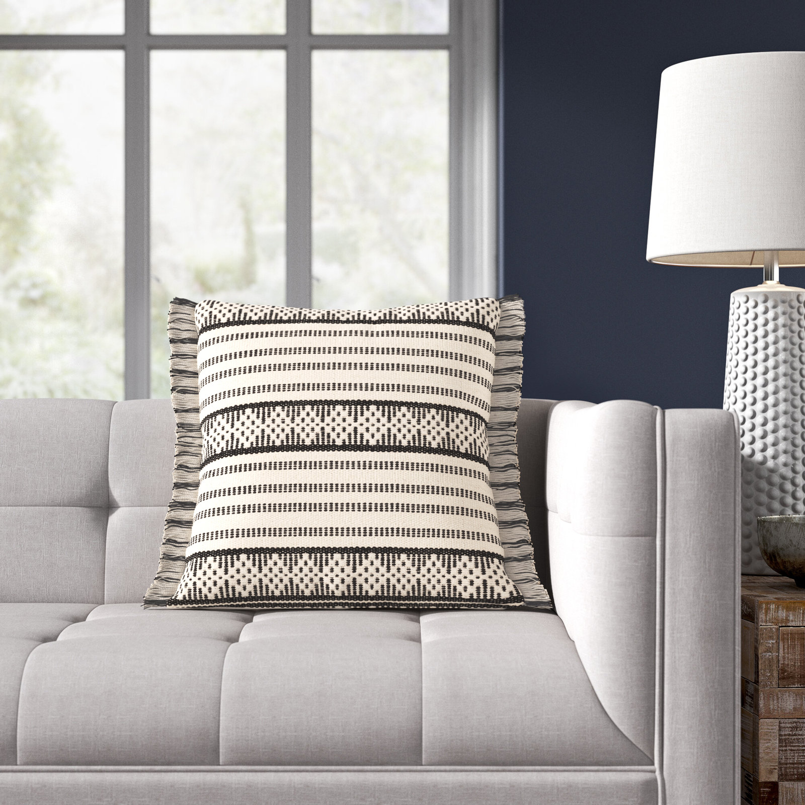 Joren Fringed Cotton Lumbar Throw Pillow, 18" x 18", Pillow Cover Insert Only