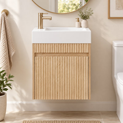 Meuble-lavabo mural de 45,7 cm (18 po) avec lavabo en résine, porte et orientation de la vasque réversibles, armoire suspendue en MDF avec rangement à ouverture par pression, chêne clair