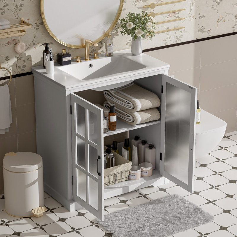 Bathroom Vanity With Sink, Bathroom Vanity Cabinet With Tempered Blurred Glass Doors, Modern Bathroom Vanity With Storage