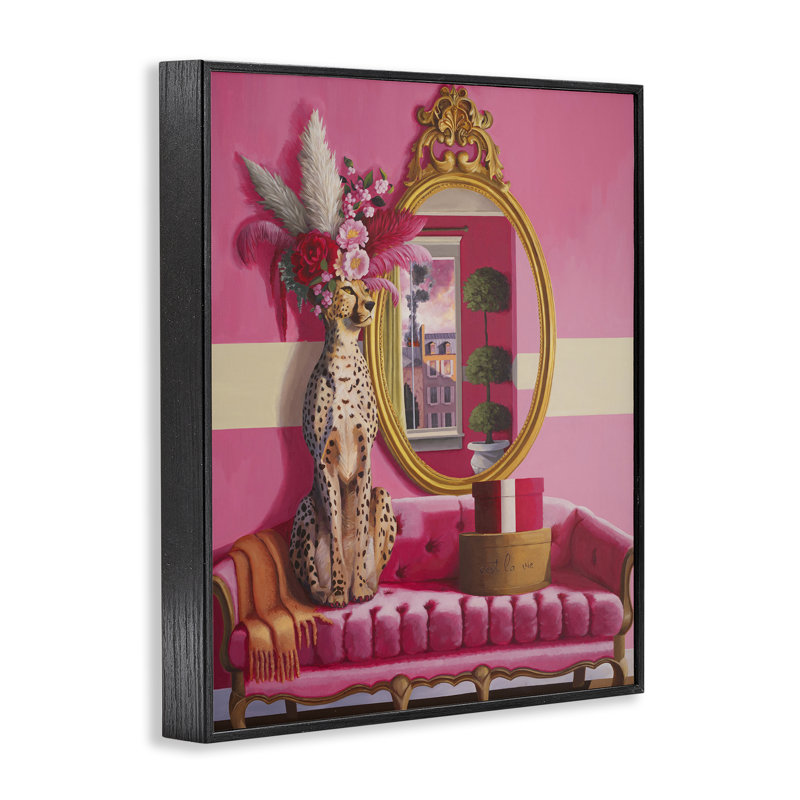 Sophistiqué léopard sur canapé, estampe numérique, design par Heather Gauthier, Giclée encadrée noir minuit