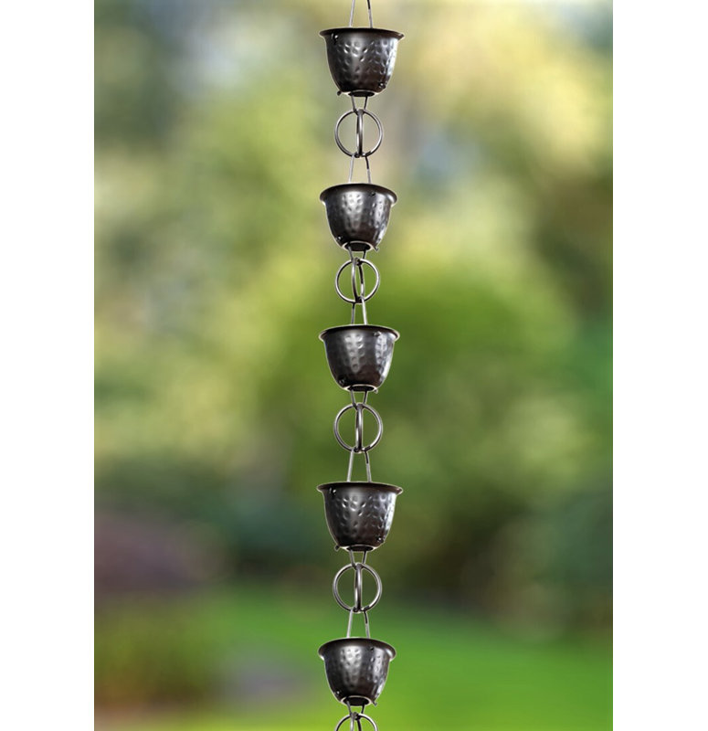 Black Hammered Aluminum Rain Chain with Large Cups, 8.5 ft