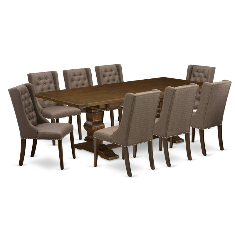 Ensemble de salle à manger 9 pièces comprenant une table de salle à manger rectangulaire avec rallonge amovible et 8 chaises rembourrées en tissu brun, noyer antique