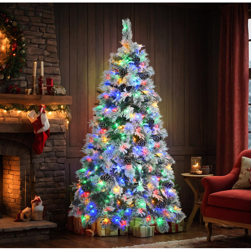 Arbre de Noël artificiel épinette enneigé 6 pi avec branches mixtes en PE et PVC (403 pointes), 250 DEL multicolores (11 modes) et pommes de pin | Décoration des Fêtes
