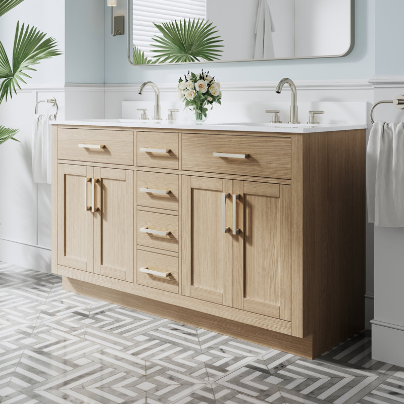 60" W x 35" H Freestanding Bathroom Solid Wood Vanity With White Cultured Marble Countertop And Ceramic Double Sink,Oak, Oak