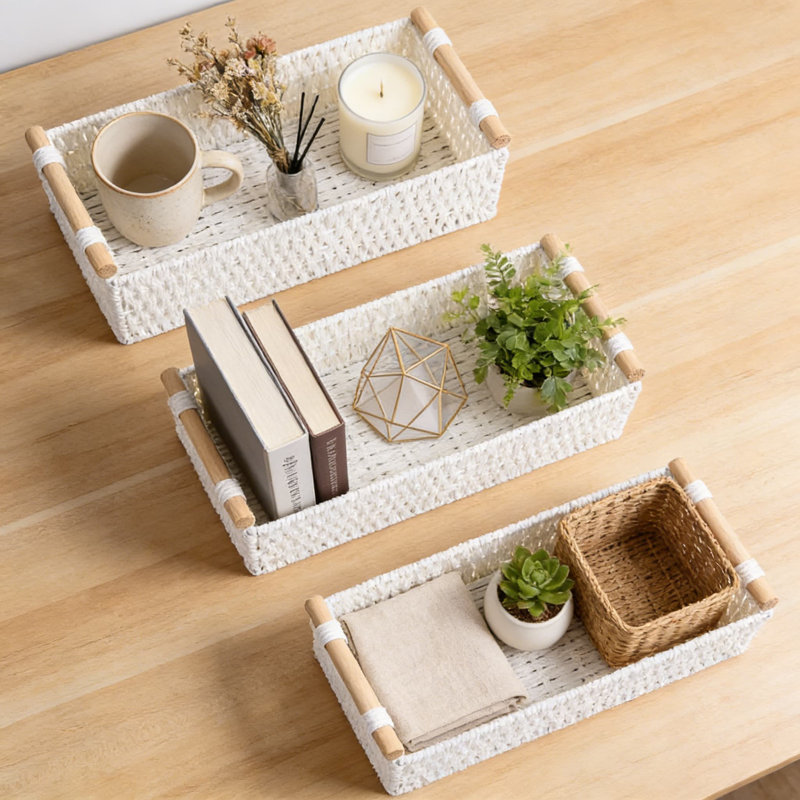 Handmade Woven Paper Rope Storage Baskets Set Of 3, Decorative Wicker Organizer With Wooden Handles For Bathroom, Living Room, And Bedroom