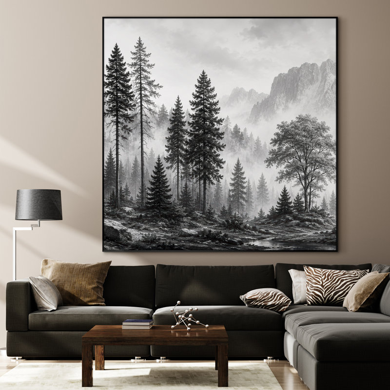 Très grand art mural imprimé sur bois - Forêt de pin brumeux noir rustique - "Assemblage requis (cadre non fini)"