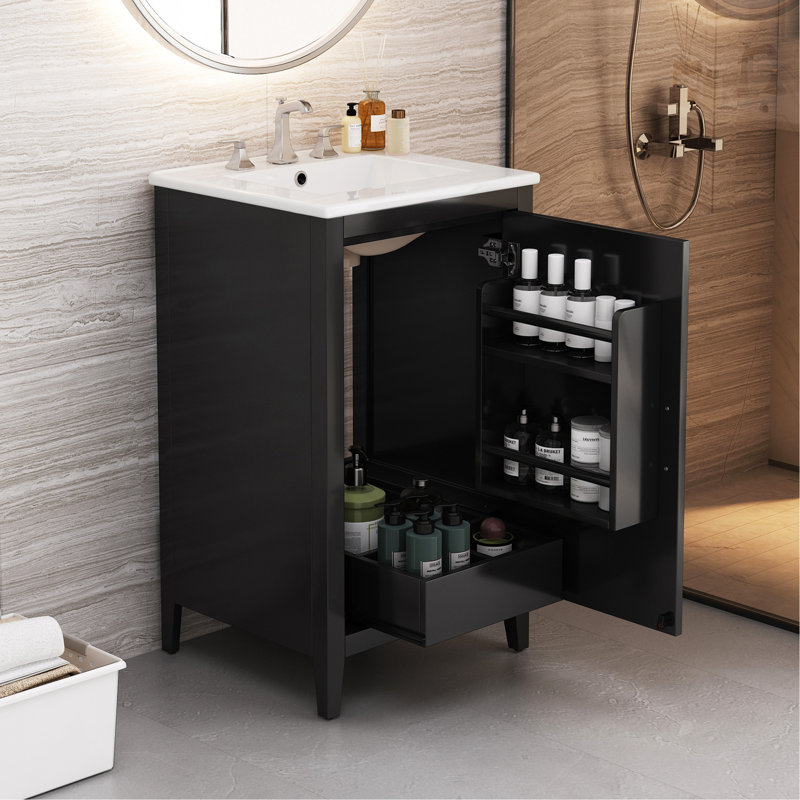 Meuble-lavabo élégant avec lavabo offrant beaucoup de rangement et une conception fonctionnelle pour une salle de bain moderne.