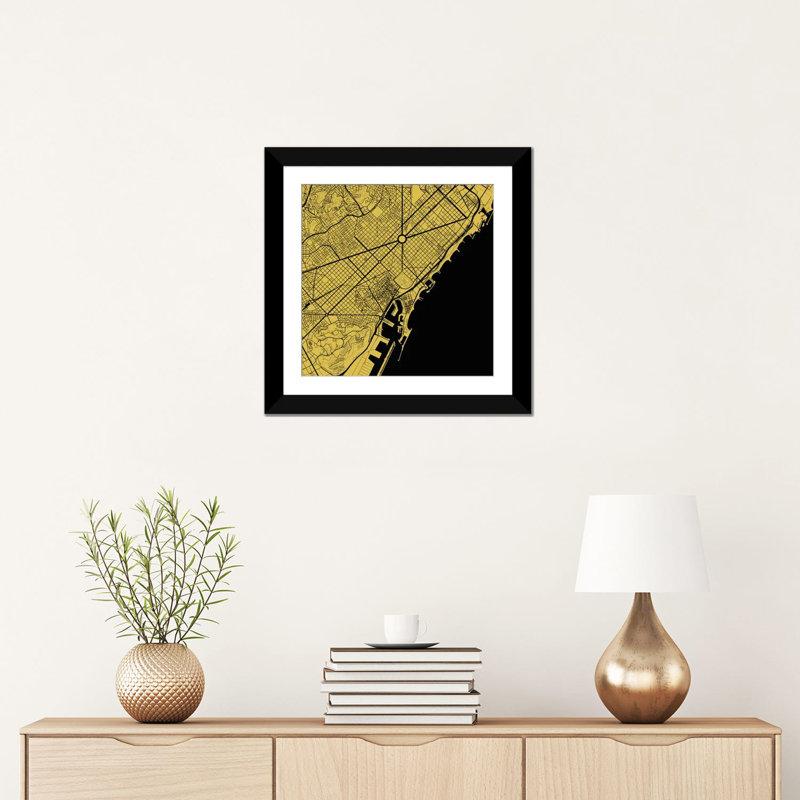 « barcelone », impression sur toile tendue, H 16 po x l 16 po x P 1 po, Papier d'art encadré noir, Blanc