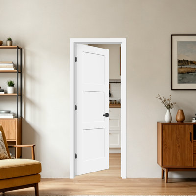 Porte intérieure pré-montée, design à 3 panneaux Shaker, apprêté blanc, noyau solide, avec montants, charnières en nickel noir ou satiné et trous de serrure pré-percés