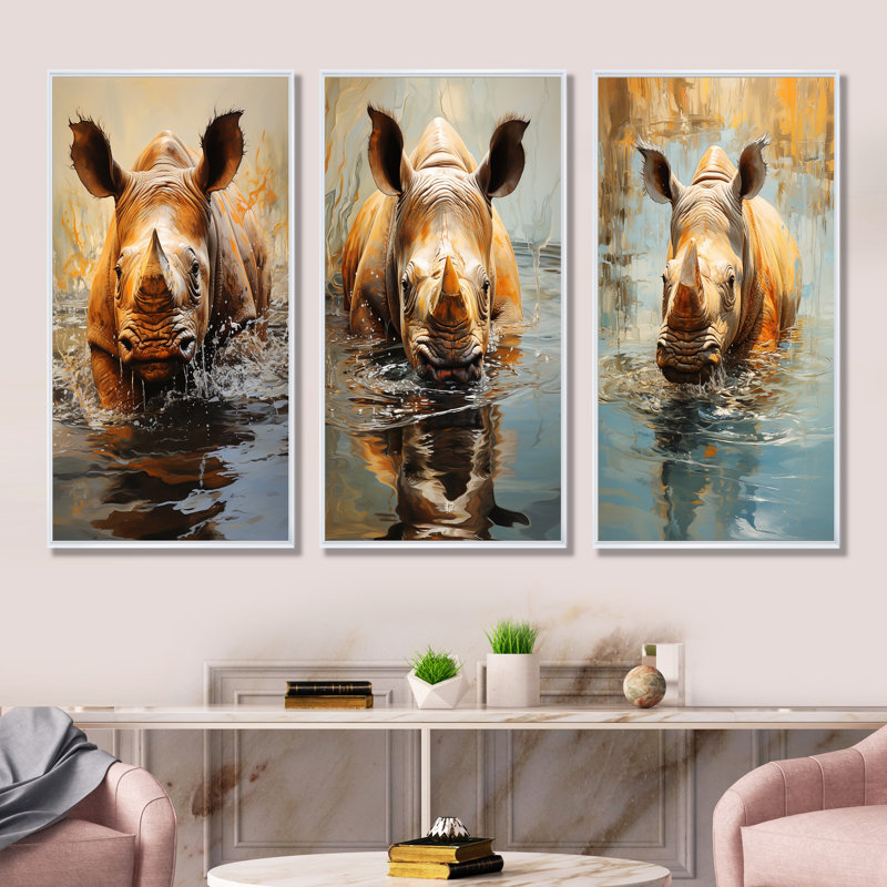 Rhinos Refreshing Dip In Water, Cadre flottant blanc, H 32 po x l 48 po