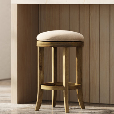 26In Backless Wood Swivel , 360-Degree Swivel, Cream Upholstered Seat, Golden Walnut Frame, Simple Assembly Rotating, Few Steps