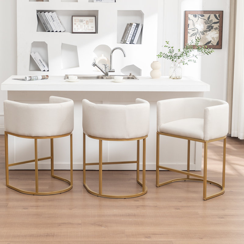 Gold Bar Stools Set Of 3, 25" H Modern Counter Height Bar Stools With Backrest, Linen Fabric Upholstered Bar Stool For Kitchen Island, Cafe
