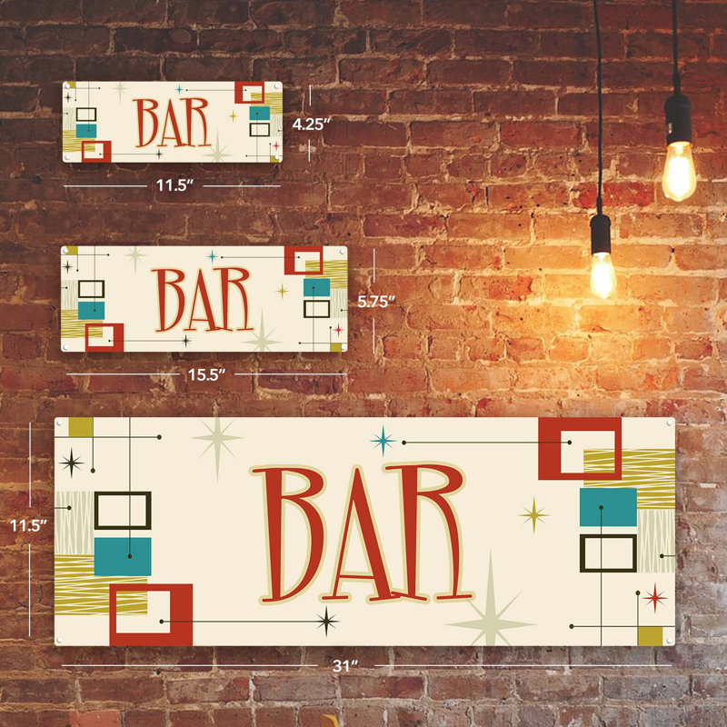 «Mid-Century Bar Metal Sign» sur métal, H 5,75 po x l 15,5 po