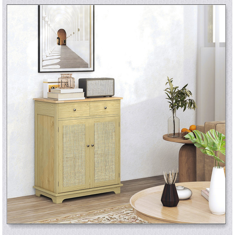 Buffet avec comptoir en bois massif et rangement en rotin