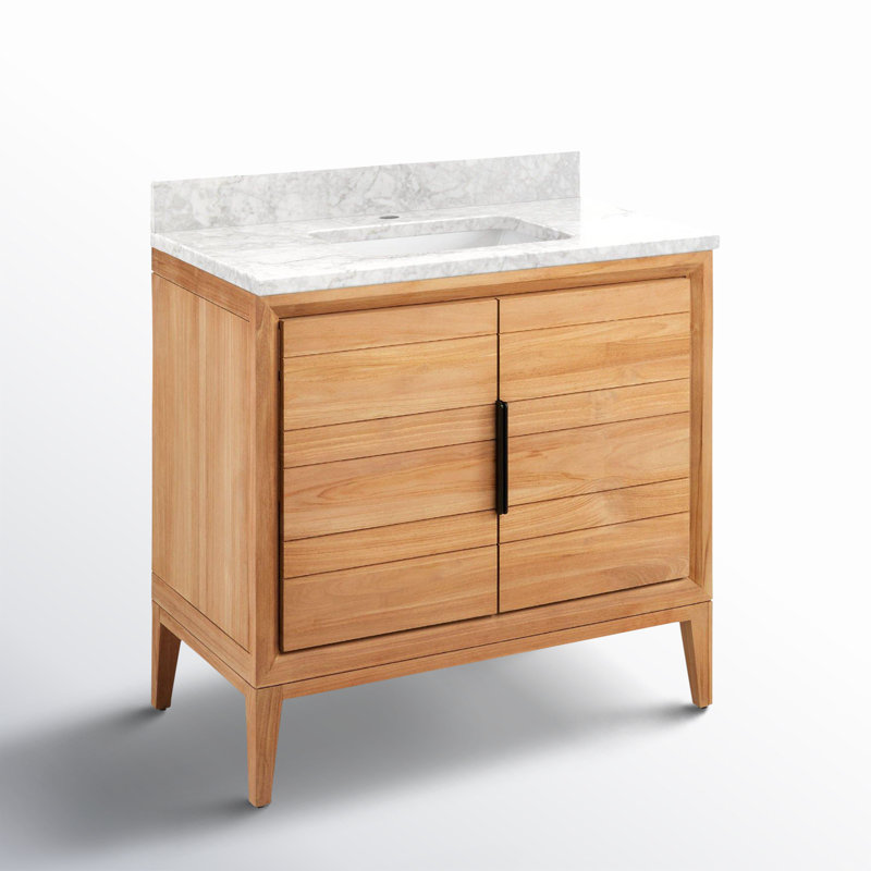 Aliso 36" Single Bathroom Vanity, Carrara Marble, Single-Hole Centered, Natural Teak