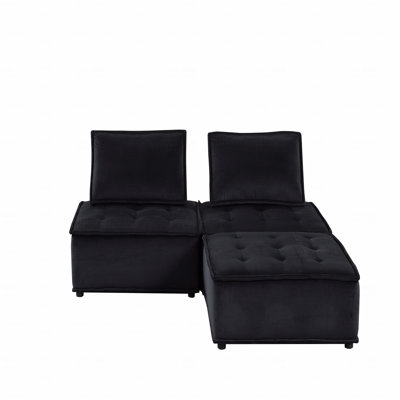 Basic Sectional Sofa, 80" Velvet 3 Pc  Sofa Ottoman