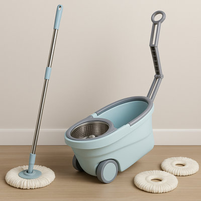 Spin Mop And Bucket System With 360° Microfiber Mop, Built-in Wringer, Wheels & Drain – Stainless Steel Handle – Includes Extra Mop Heads
