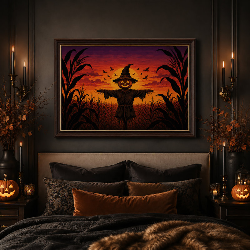 Épouvantail citrouille dans un champ de maïs au coucher du soleil - Toile murale d'Halloween, 16"H x 24"W