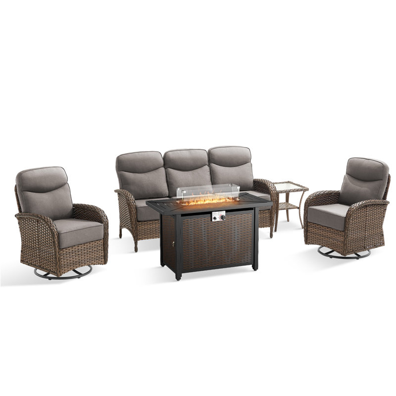 Ensemble de conversation pour table d'extérieur en métal et osier 5 pièces avec canapé et glissières pivotantes, Gris