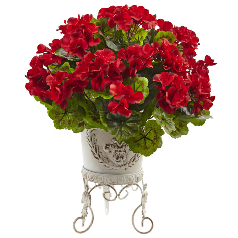 Géranium avec jardinière en métal résistant aux rayons UV (intérieur / extérieur), Rouge