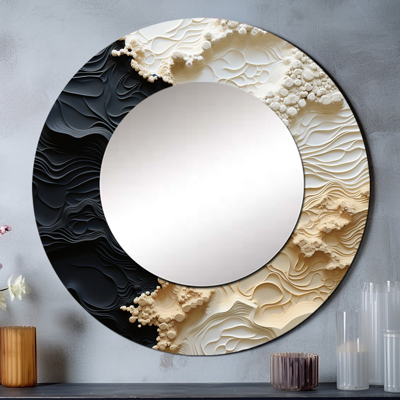 «Rheam Abstract», peinture liquide crème et noire - miroir mural Coastal Unique, miroir rond crème, impression d'art en métal