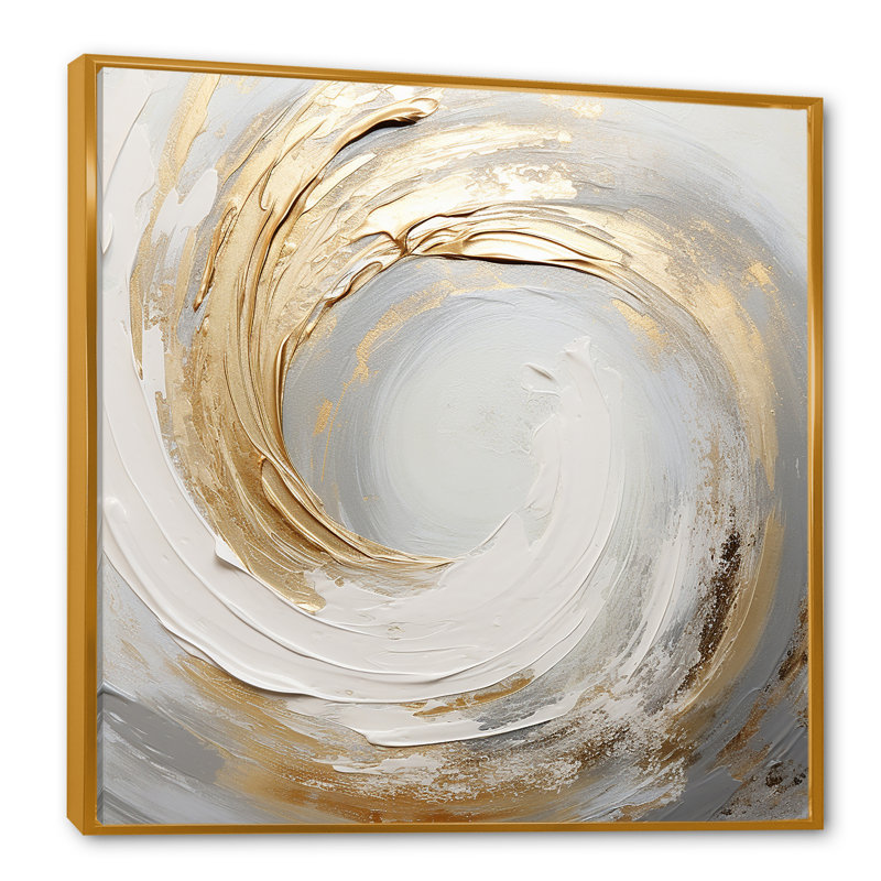 Vortex doux doré et blanc III - spirales abstraites, impressions sur toile, Cadre flottant doré, H 16 po x l 16 po x P 1 po