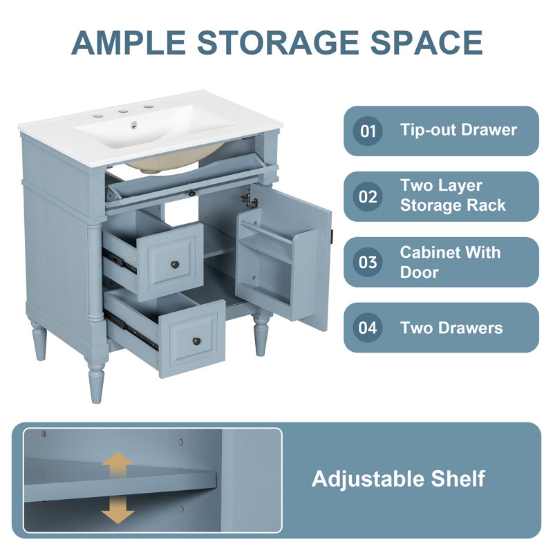 Meuble-lavabo 30 po avec lavabo, structure en bois massif, tiroir rabattable, 2 tiroirs et porte, gris, Bleu / Noir