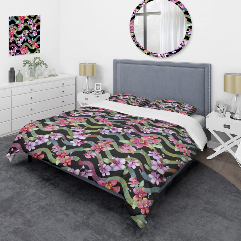 Ensemble de housse de couette en microfibre mauve avec feuilles vertes, Housse de couette pour très grand lit et 2 très