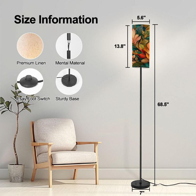  Lampe sur pied de 68,5 po à feuilles d'automne style vitrail orange vif à intensité variable avec poteau en métal avec abat-jour en lin ampoule DEL incluse