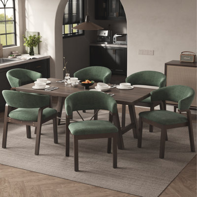 Modern Curved Dining Chair with Solid Wood Legs – Linen Upholstered Armchair