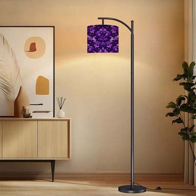 Arc Floor Lamp with Adjustable Lampshade Purple Floral Swirl Elegant Baroque Style Standing Lamp 3 Color Temperatures Dimmable Tall Pole Lamp with Foot Switch for Bedroom