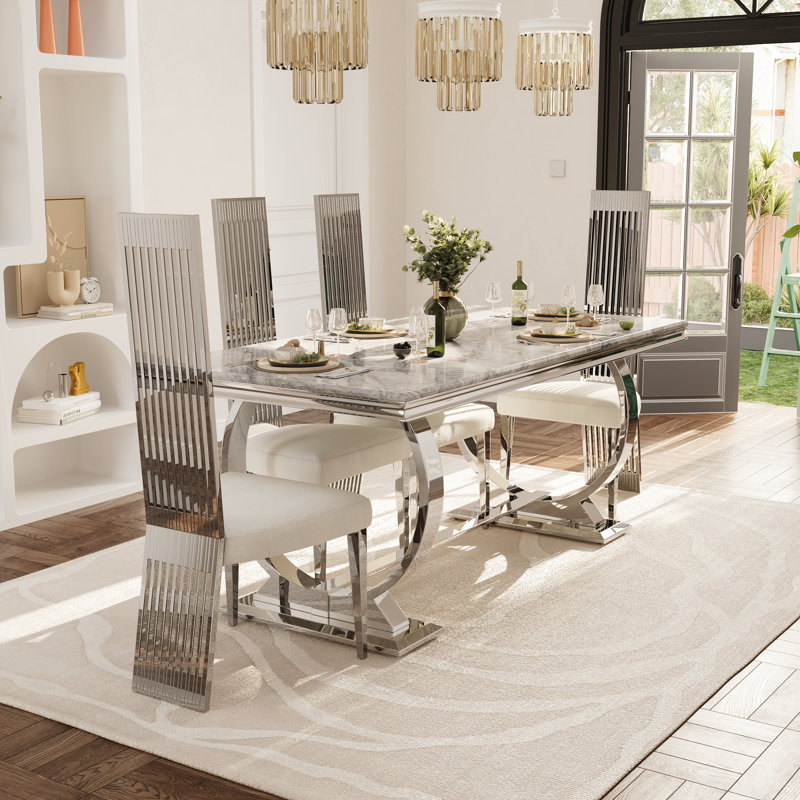 5 Piece Dining Table Set With 4 White Boucle Dining Chairs, White, Silver