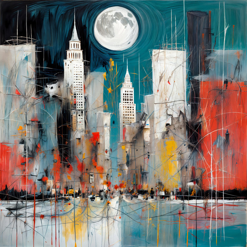 Paysage urbain au clair de lune, H 24 po x l 24 po