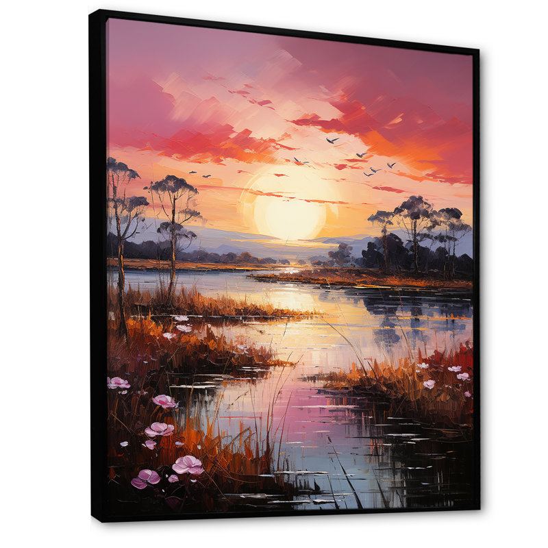 «Lakeside Sunrise Tranquility I», reproduction sur toile, Cadre flottant noir, H 20 po x l 12 po x P 1 po