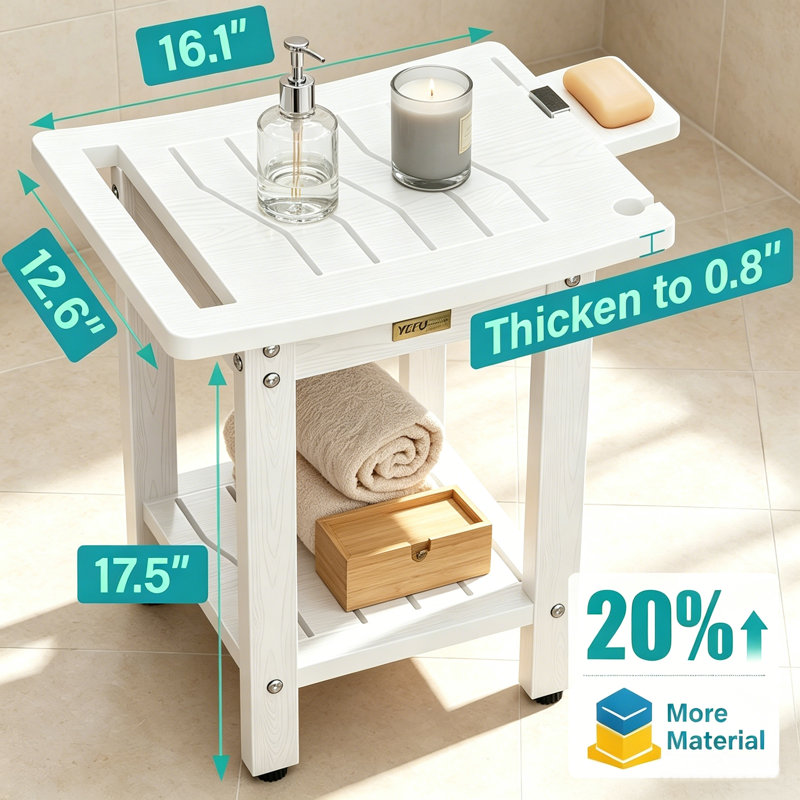 Tabouret de douche d'une capacité de 400 lb avec tablette et poignée, siège de salle de bain imperméable avec pieds antidérapants, banc utilitaire intérieur / extérieur facile à assembler pour adultes, blanc