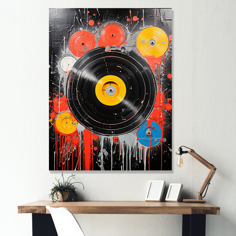 Art mural rétro noir et jaune, H 44 po x l 34 po x P 1,5 po, Toile tendue