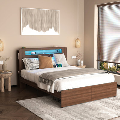 Wooden Bed Frame Queen With Style, Storage Bookcase, 2 Drawer Storage, Led Lights, No Box Spring, Brown, Quick Assembly Platform Drawers, Headboard, Easy To Build, Brown