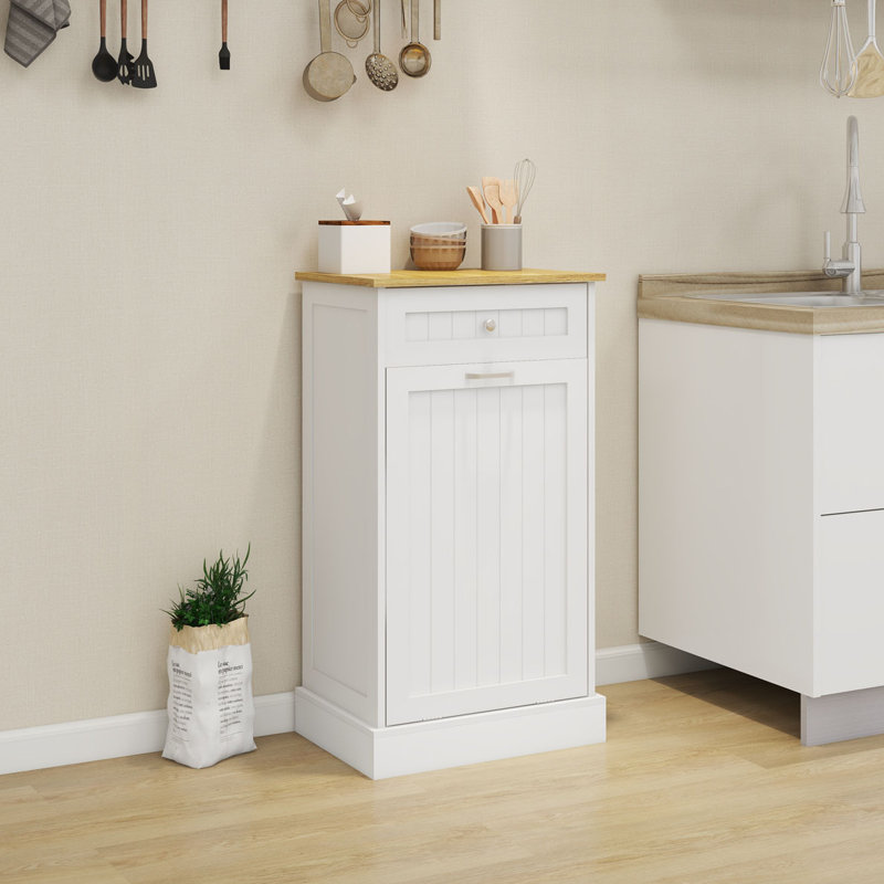 White Wooden 10 Gallon Pull-Out Trash Cabinet with Drawer