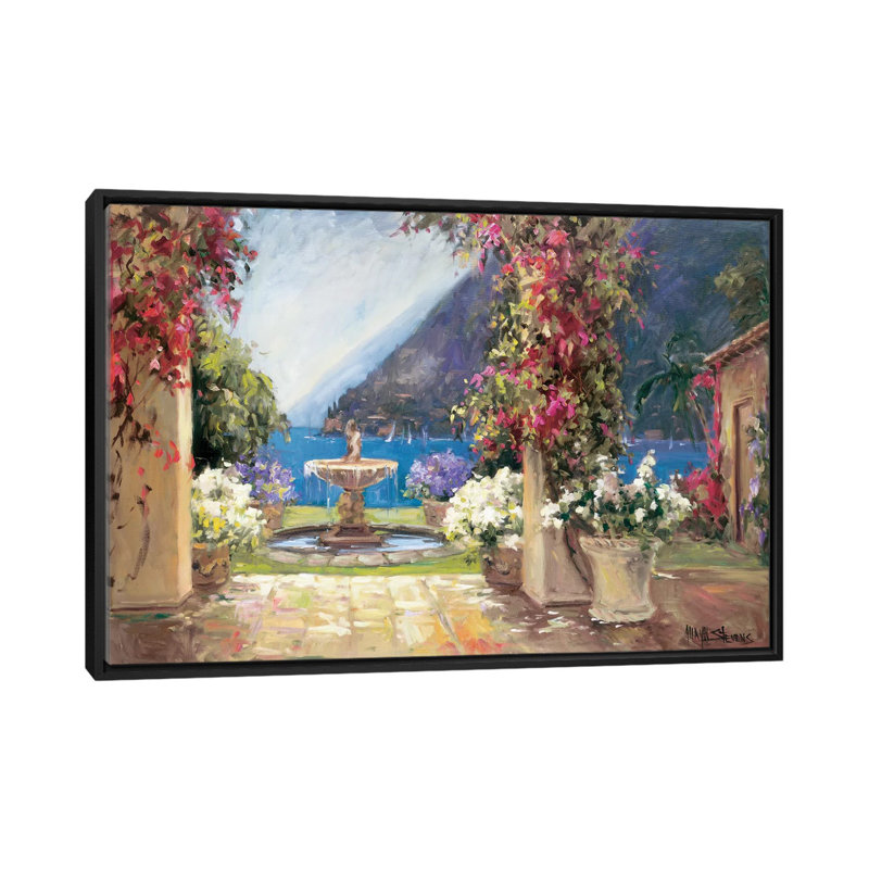« seaside fontaine », reproduction sur toile, H 18 po x l 26 po x P 1,5 po, Toile avec cadre noir, Pas de tapis