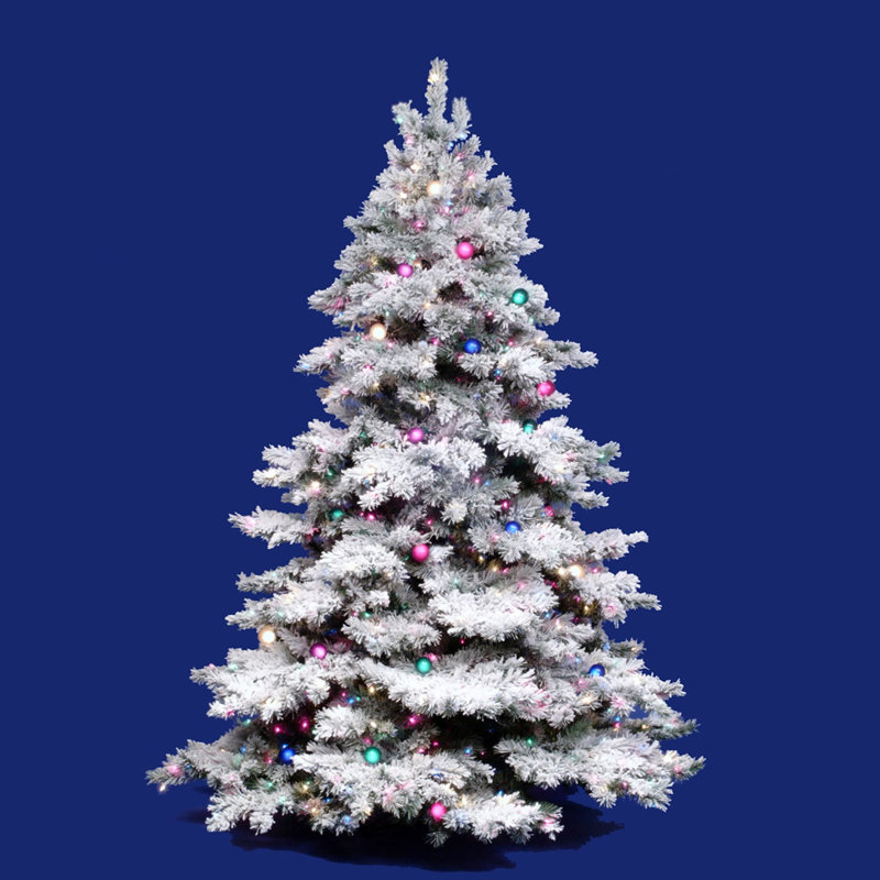Flocked Alaskan 7.5' White Artificial Christmas Tree with 900 Multicolored Lights with Stand, 4.5' H