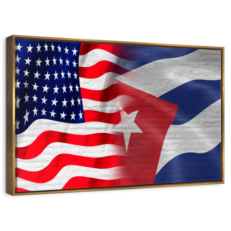 Drapeau américain et cubain, Cadre flottant doré, 13 po x 9 po