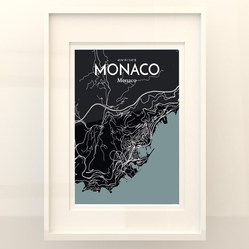 Monaco City Map, impression, Gris / noir, H 27,6 po x l 19,7 po