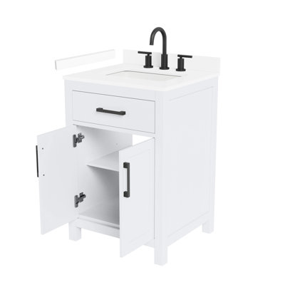 Meuble-lavabo simple de 24 po Beckett en blanc, comptoir en marbre de culture de Carrare, lavabo carré encastré (3 trous), garniture or brossé
