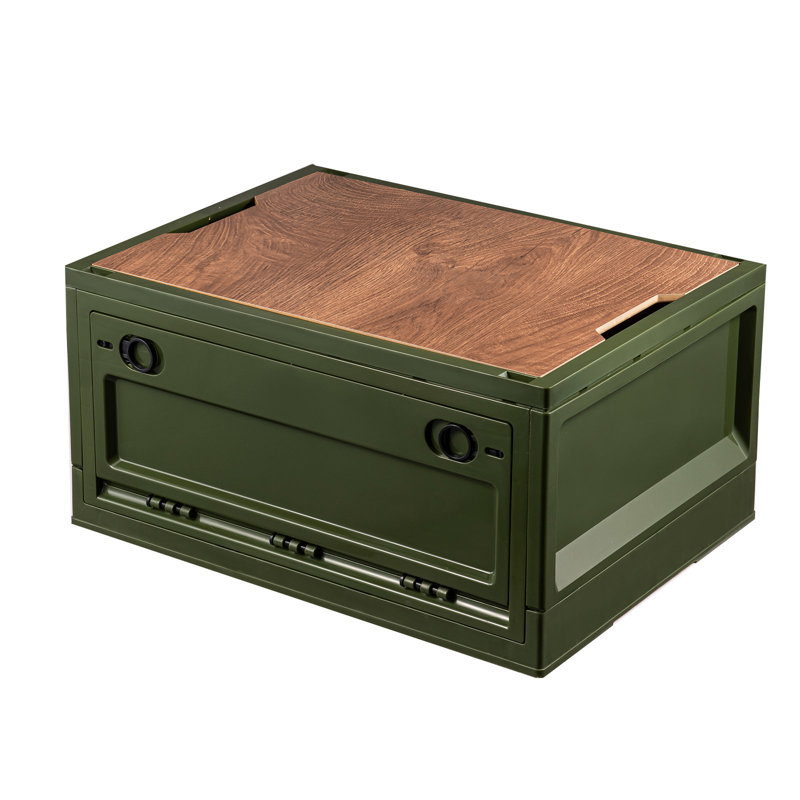 Froppi Camping Large Green Plastic Collapsible Storage Box with Wooden Lid L50.5 W36 H29 cm