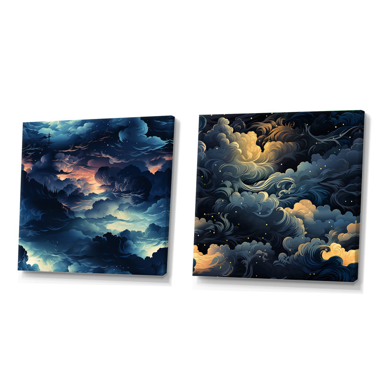 Noir Skies Moody Patterns - Ensemble de 2 collages carrés abstraits, Toile tendue, H 36 po x l 73 po
