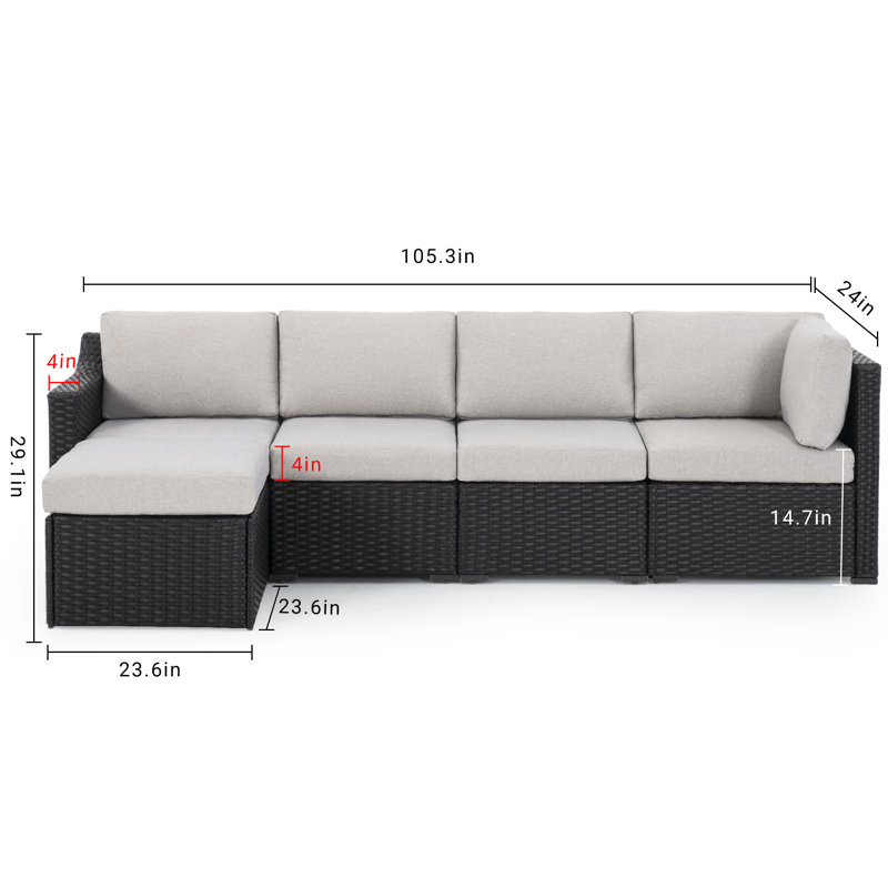 5-Person Modular Patio Conversation Set with Cushions, Gray, Brown